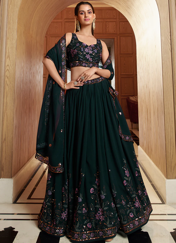 Thread Floral Embroidered Georgette Bottle Green Lehenga Choli